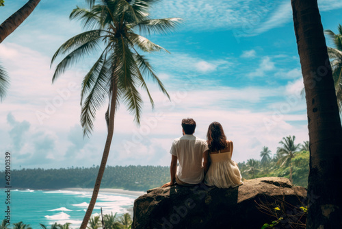 Couple in love chilling and enjoying beautiful views over the ocean, paradisiac beach, sunday morning, ai generative 