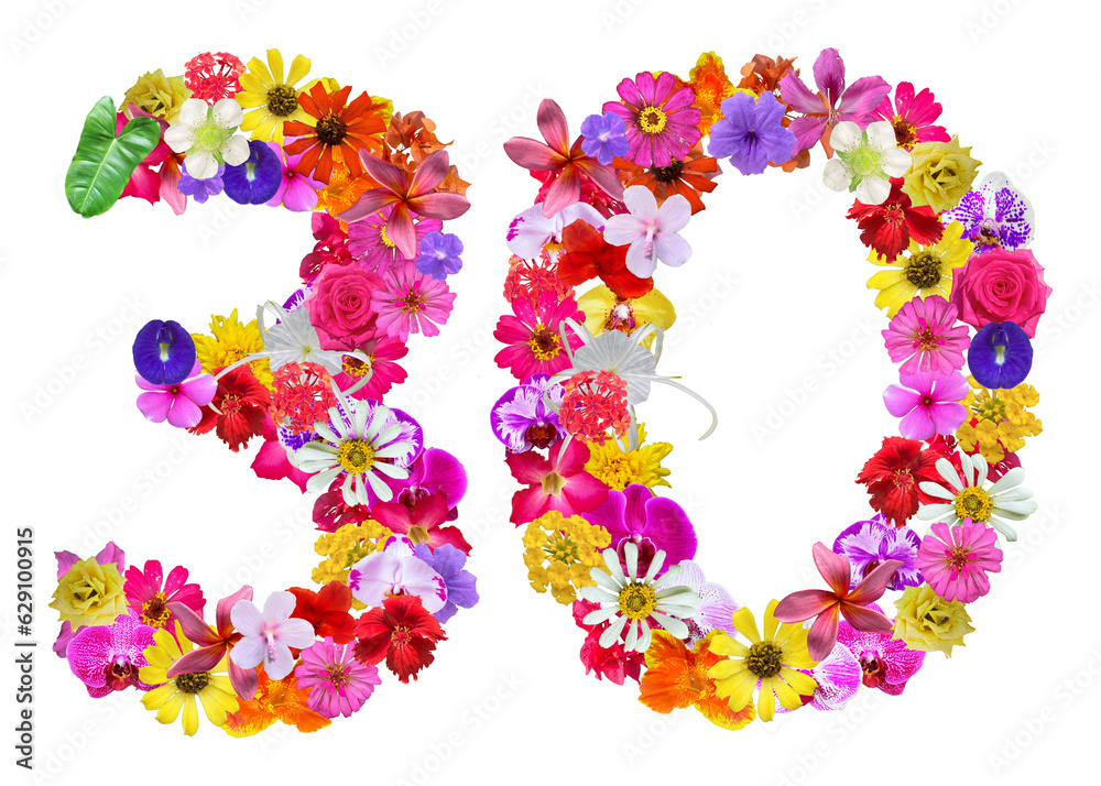 The shape of the number 30 is made of various kinds of flowers petals isolated on transparent background. suitable for birthday, anniversary and memorial day templates