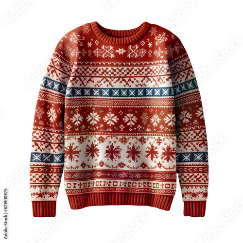 A festive red and white sweater with snowflake patterns. PNG. Transparent. Generative AI © byarnoldus