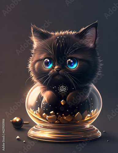 Adorable and fluffy hyperrealistic cat with a Harry Potter look, in cute chibi style, featuring cinematic lighting effects. A charming, highly detailed 3D vector art masterpiece with a quirky and fant photo