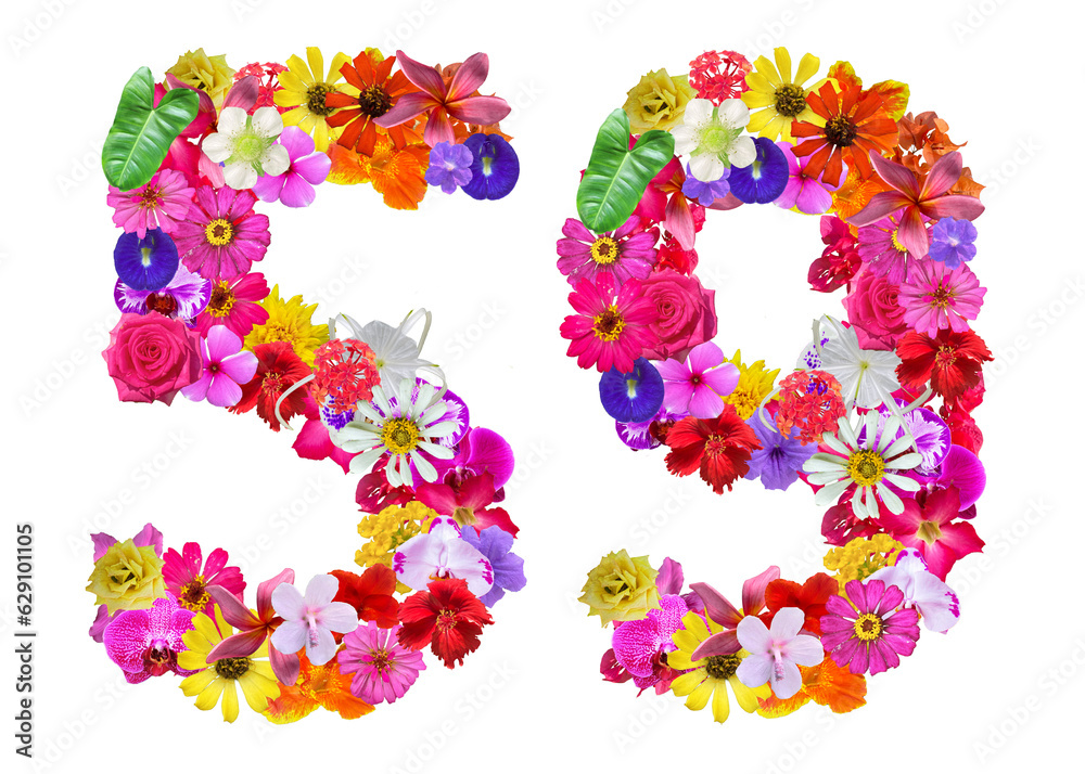 The shape of the number 59 is made of various kinds of flowers petals isolated on transparent background. suitable for birthday, anniversary and memorial day templates