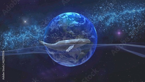The blue whale swims towards the cosmic waves, against the backdrop of the vast earth. Fantasy with a big whale floating on the waves of time and the universe.