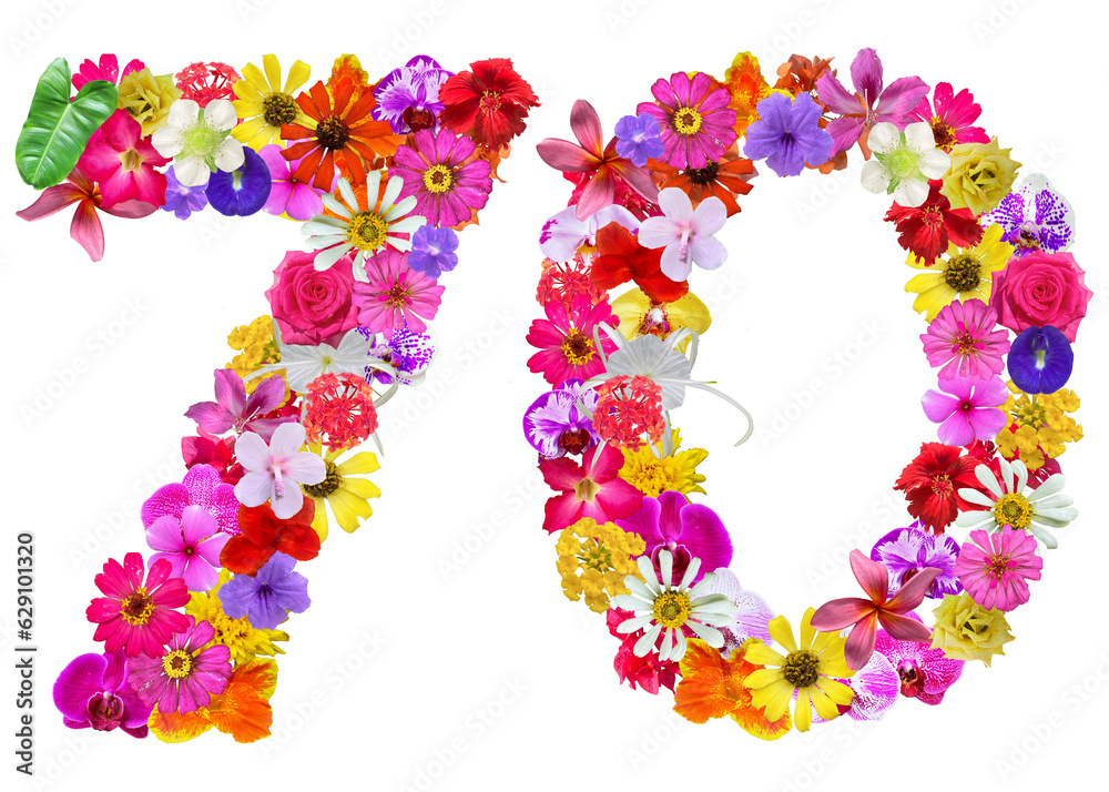 The shape of the number 70 is made of various kinds of flowers petals isolated on transparent background. suitable for birthday, anniversary and memorial day templates