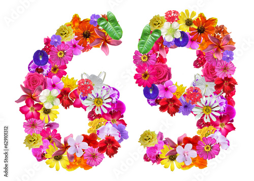 The shape of the number 69 is made of various kinds of flowers petals isolated on transparent background. suitable for birthday, anniversary and memorial day templates