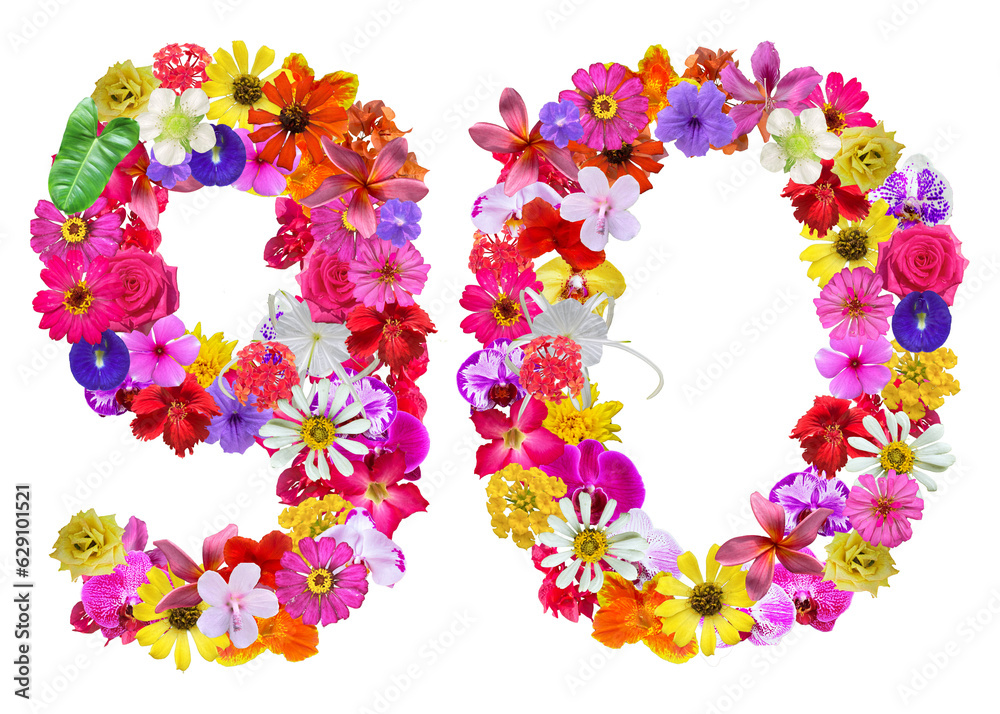 The shape of the number 90 is made of various kinds of flowers. suitable for birthday, anniversary and memorial day templates