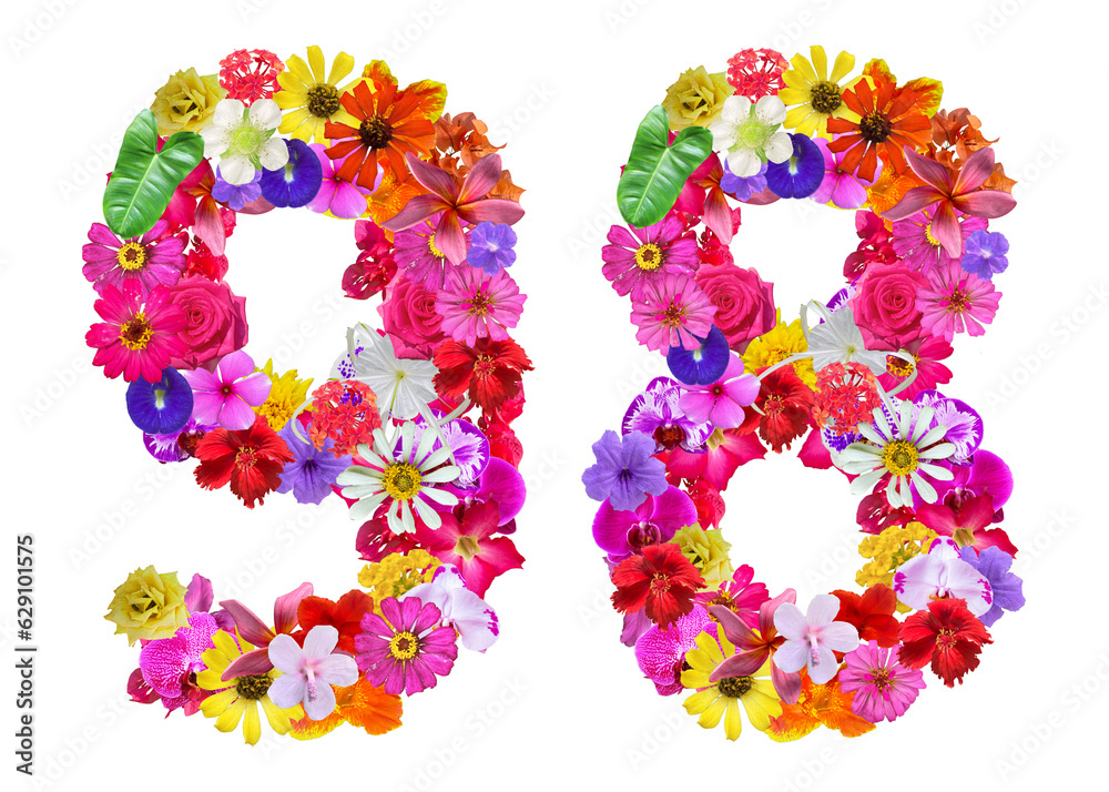 The shape of the number 98 is made of various kinds of flowers. suitable for birthday, anniversary and memorial day templates