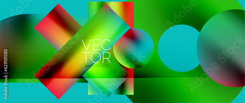 Squares and circles design. Fluid color gradients with metallic effects. Serene synergy of shapes, merging squares and circles into harmonious, captivating design