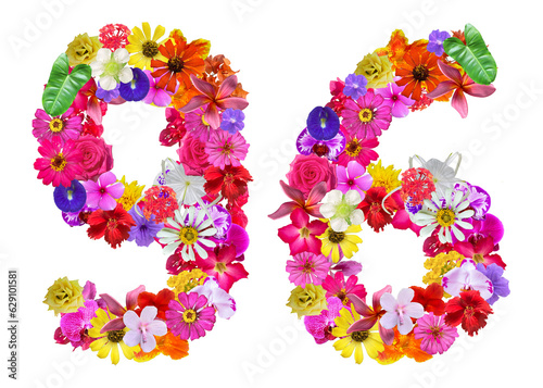 The shape of the number 96 is made of various kinds of flowers. suitable for birthday, anniversary and memorial day templates