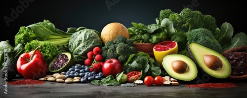 Healthy food clean eating selection fruit, vegetable, seeds, superfood, cereal, leaf vegetable on gray concrete background . Generative AI