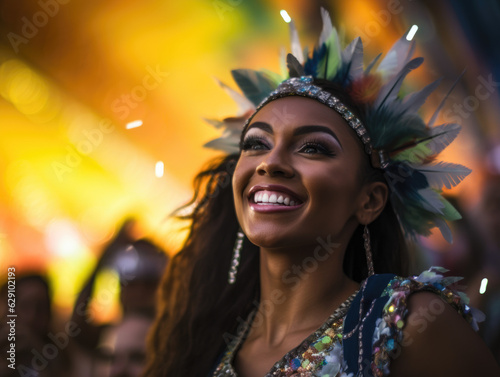 Vibrant Carnival Rhythms. Dancers in Exotic Feather Costumes at the Brazilian Carnival. AI Generative
