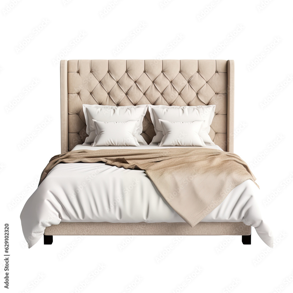 A cozy bed with a beige headboard and pillows. PNG. Transparent. Generative AI A cozy bed with a beige headboard and pillows. PNG. Transparent. Generative AI