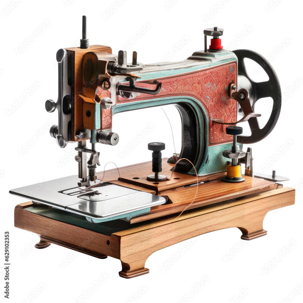 A vintage sewing machine on a wooden table. PNG. Transparent. Generative AI