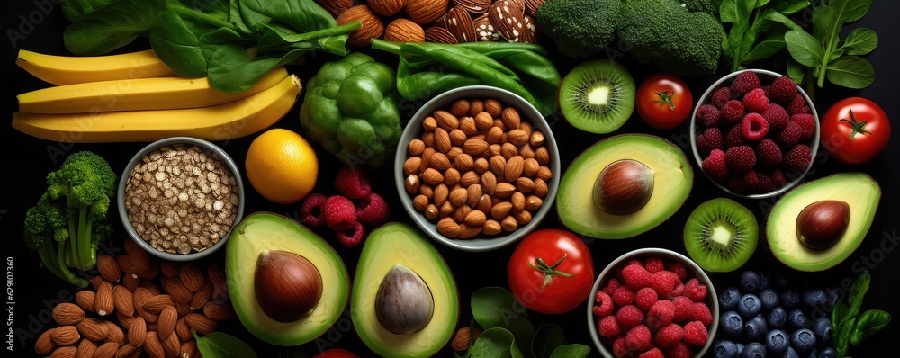 Healthy food clean eating selection fruit, vegetable, seeds, superfood, cereal, leaf vegetable on gray concrete background . Generative AI