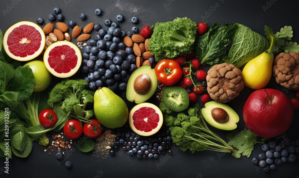 Healthy food clean eating selection fruit, vegetable, seeds, superfood, cereal, leaf vegetable on gray concrete background . Generative AI Healthy food clean eating selection fruit, vegetable, seeds, superfood, cereal, leaf vegetable on gray concrete background . Generative AI