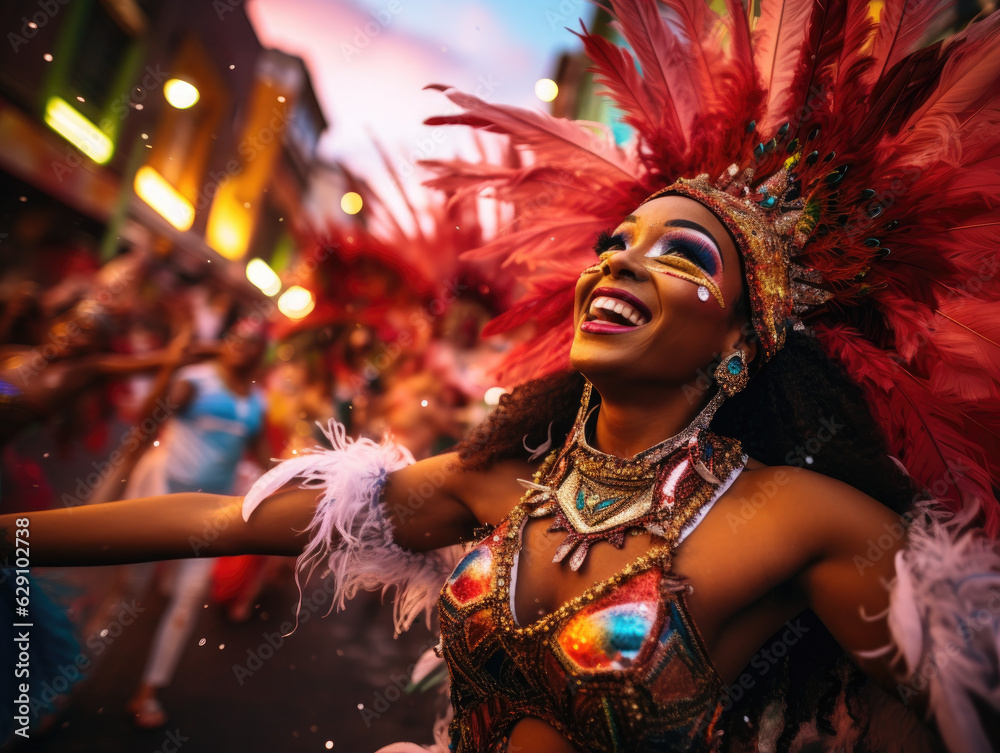 Vibrant Carnival Rhythms. Dancers in Exotic Feather Costumes at the Brazilian Carnival. AI Generative Vibrant Carnival Rhythms. Dancers in Exotic Feather Costumes at the Brazilian Carnival. AI Generative