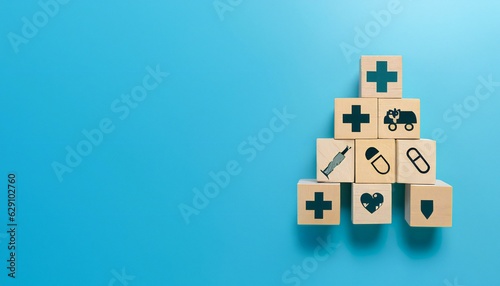 Medical icon on pyramid of cubes. medicine and health insurance concepts. Wooden blocks with icons of various types of insurance, icons healthcare medical symbol on wooden block 