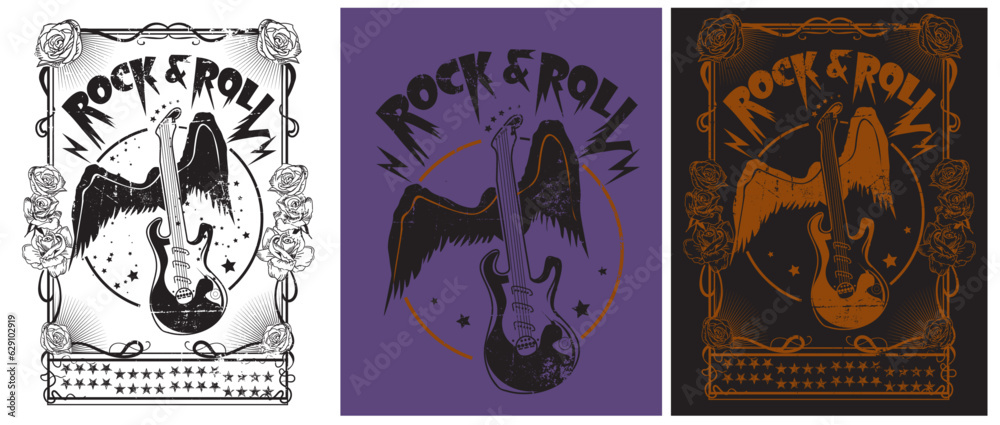 rock and roll vintage graphics, wing guitter and rose vector, Rock and roll vintage vector graphics artwork for tee, sweat shirt , hoody , guitar wing, rose, love spark, Rock and roll vintage t shirt 