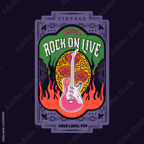rock on live your local pup, Rock and roll vintage t shirt design. Thunder with eagle wing vector artwork for apparel, stickers, posters, background and others. Rock tour vintage artwork.