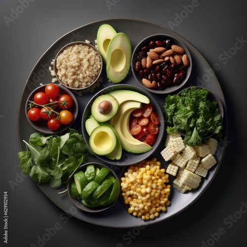 Healthy food clean eating selection: fruit, vegetable, seeds, superfood, cereal, leaf vegetable on gray concrete background . Generative AI