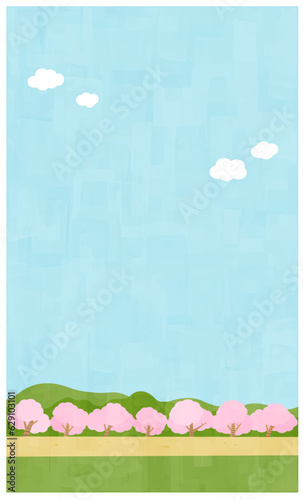 平坦な道と春の背景素材　縦位