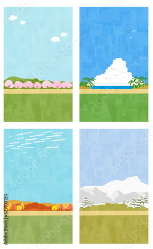 平坦な道と四季の背景素材　縦位置セット