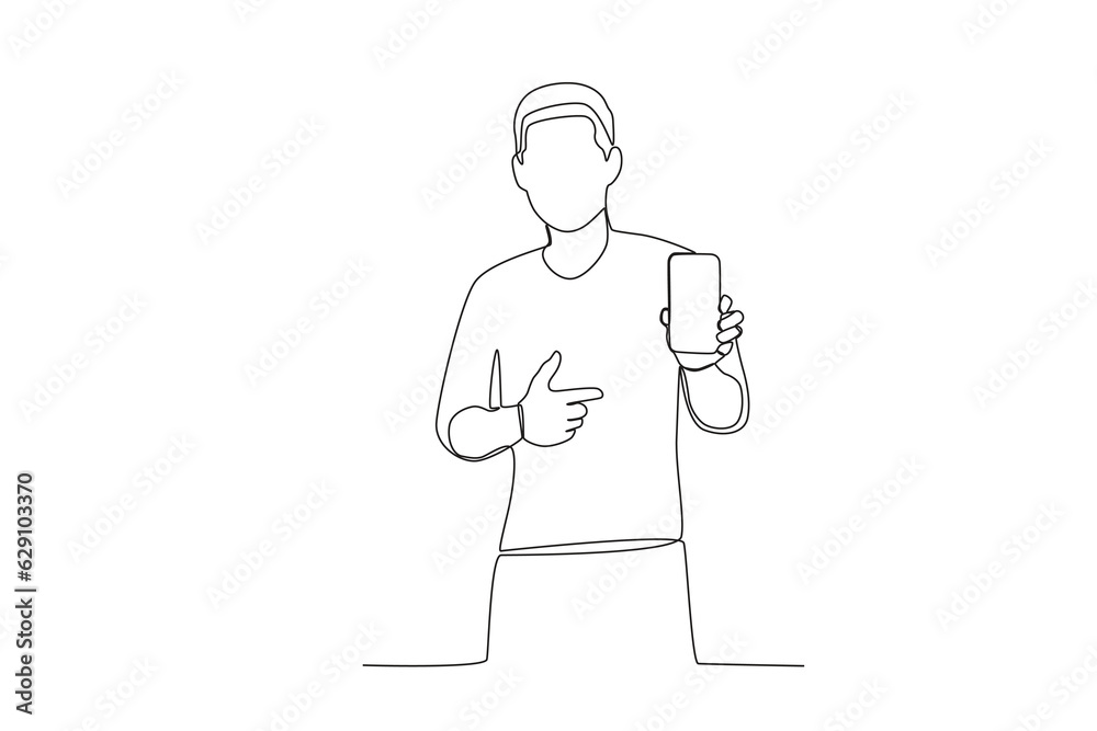 One continuous line drawing of a young masculine man showing his cell phone facing forward
One continuous line drawing of a young masculine man showing his cell phone facing forward