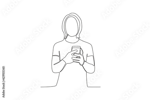 One continuous line drawing of a young man typing a message using his cell phone facing forward
