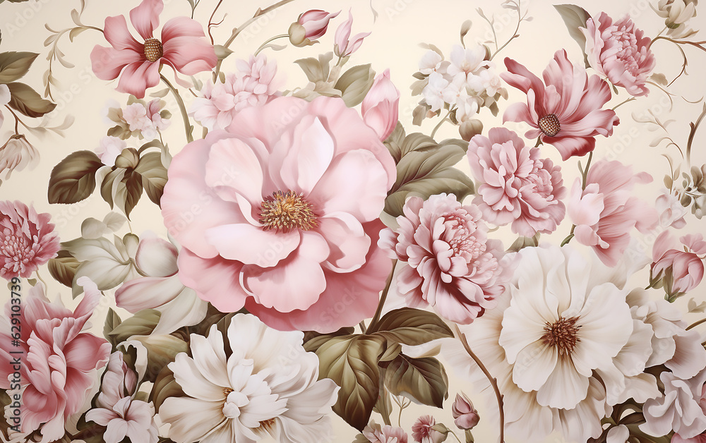 Pink and white floral wallpaper on white background. 