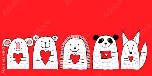 Cute animals with hearts in hands. Be my Valentine. Valentine's day banner, b...