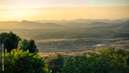 Sunset over the mountains of central Spain in the province of Ciudad Real, La Mancha.