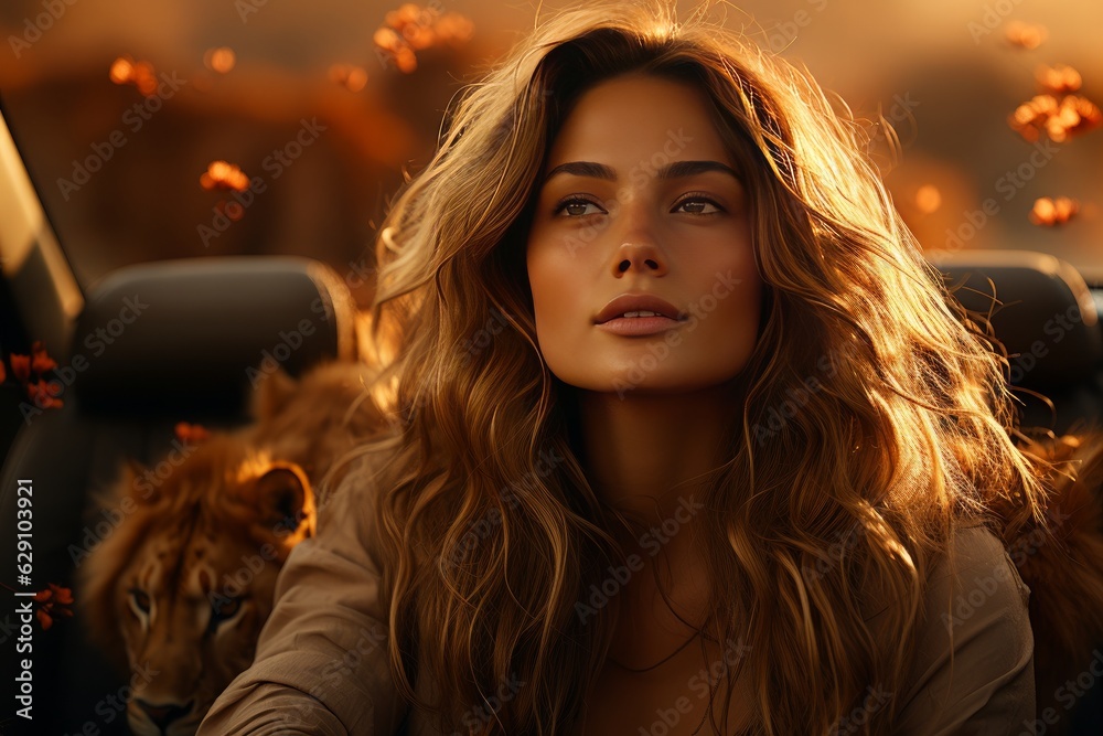 Unforgettable moment as a woman gazes upon a majestic pride of lions, framed by the untamed beauty of the African savannah Unforgettable moment as a woman gazes upon a majestic pride of lions, framed by the untamed beauty of the African savannah