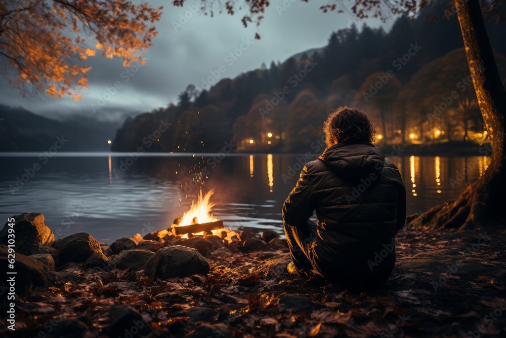 Under a tranquil twilight, a man savors the peaceful allure of lakeside camping by the warm embrace of a campfire. Under a tranquil twilight, a man savors the peaceful allure of lakeside camping by the warm embrace of a campfire.