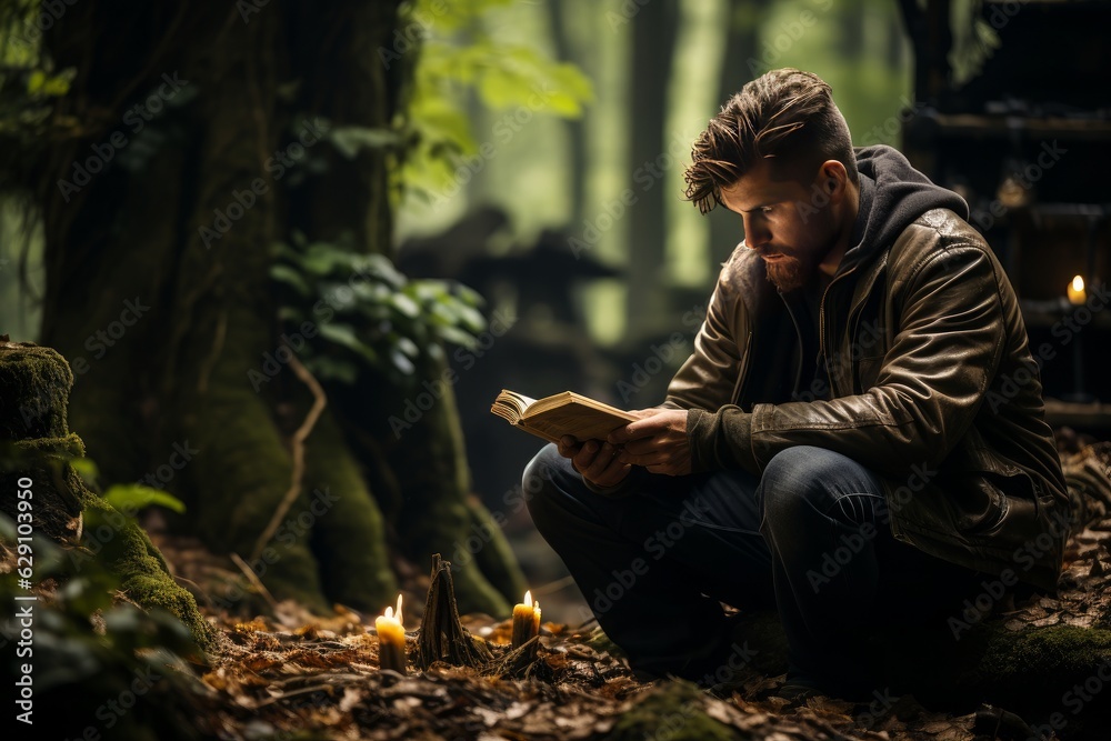 A man savors the calming silence of the forest, engrossed in a book in a secluded woodland clearing.