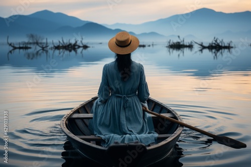 In an atmosphere of serene tranquility, a woman gently glides her boat across a calm, mirrored lake. © Kishore Newton