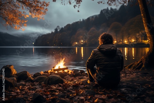 Under a tranquil twilight, a man savors the peaceful allure of lakeside camping by the warm embrace of a campfire.