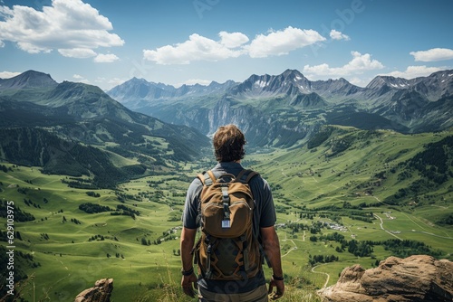 In the heart of summer, a hiker stands in awe at the breathtaking expanse of a towering alpine mountain range