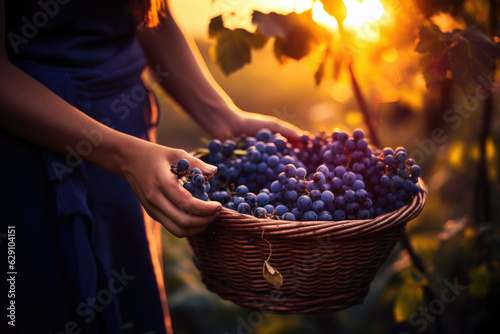 Abundant Harvest: Woman with a Basket of Fresh Grapes - Ai Generative