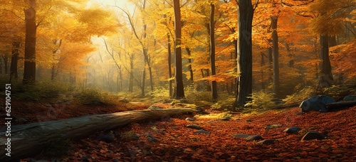 Autumnal forest with vivid foliage on the ground. Sunlit rays illuminate the beautiful nature. Concept of a stunning fall landscape.