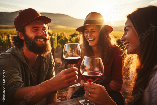 Cheers to Friendship. Friends Brindar and Enjoy the Sunset with Vineyards in the Background. AI Generative