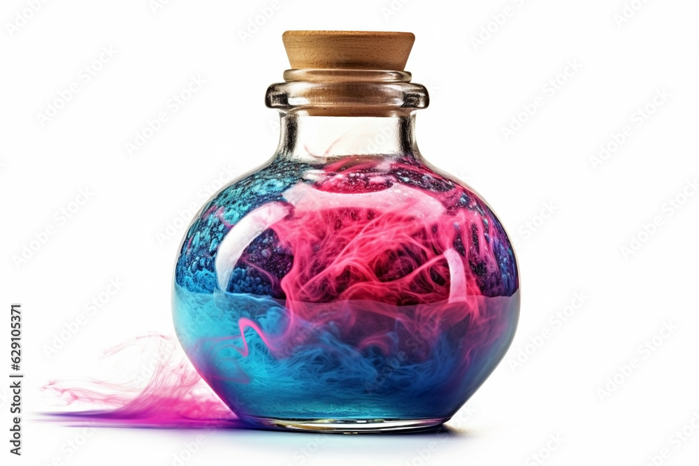 Magic potion in glass bottle on white background