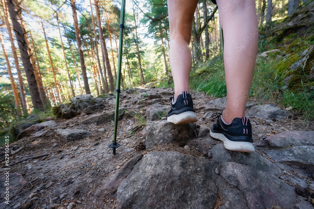 Women's legs walking along a forest path full of rocks and tree roots, Guadarrama, Madrid. Women's legs walking along a forest path full of rocks and tree roots, Guadarrama, Madrid.