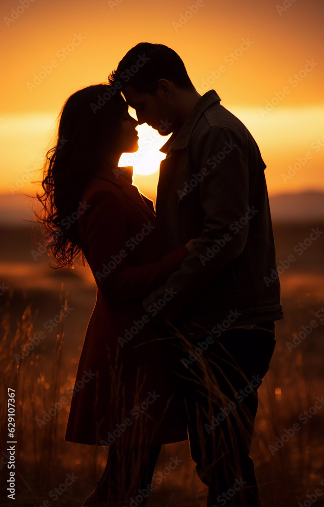 Silhouette of a couple in love on the background of a beautiful sunset.