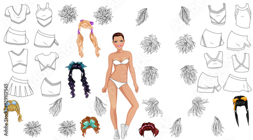 Cheerleader Coloring Page Paper Doll with Cute Cartoon Character, Uniforms and Pom-poms. Vector Illustration