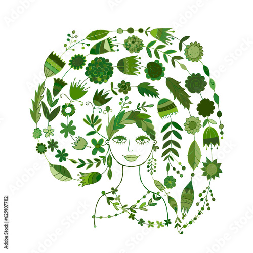Floral concept art with fairy woman portrait design. Creative vector illustra...