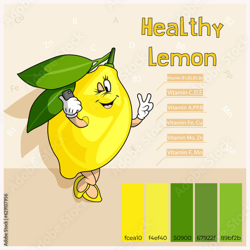 Fruits. Lemon is sour, tasty and healthy. Yellow color with arms and legs. Groovy style. Vitamin C, B5, D, E, B1, A, B6, B2, PP, B, Fe, Cu, Mo, Zn, F, Mn.
Proper nutrition. Baby food.