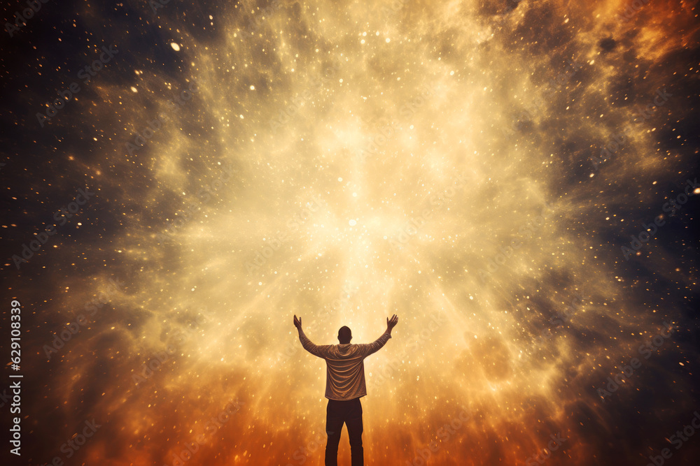 Faith. Heavenly background. Man with raised hands in front of a glowing sunburst and stars