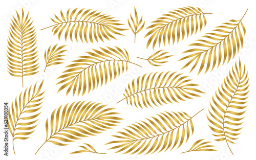 Palm golden leaves. Jungle gold foliage set isolated on white. Exotic nature plant leaf for luxury wedding greeting invitational cards, foil DIY, wrappers. Handdrawn tropic summer floral elements