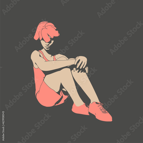 Beautiful woman resting after exercise. Sport girl illustration. Young woman wearing workout clothes. Sport fashion girl outline in urban casual style.