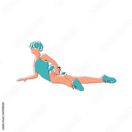 Lying woman. Sport girl illustration. Casual sportwear - t-shirt, breeches and sneakers. Young woman wearing workout clothes. Sport fashion girl outline in urban casual style.