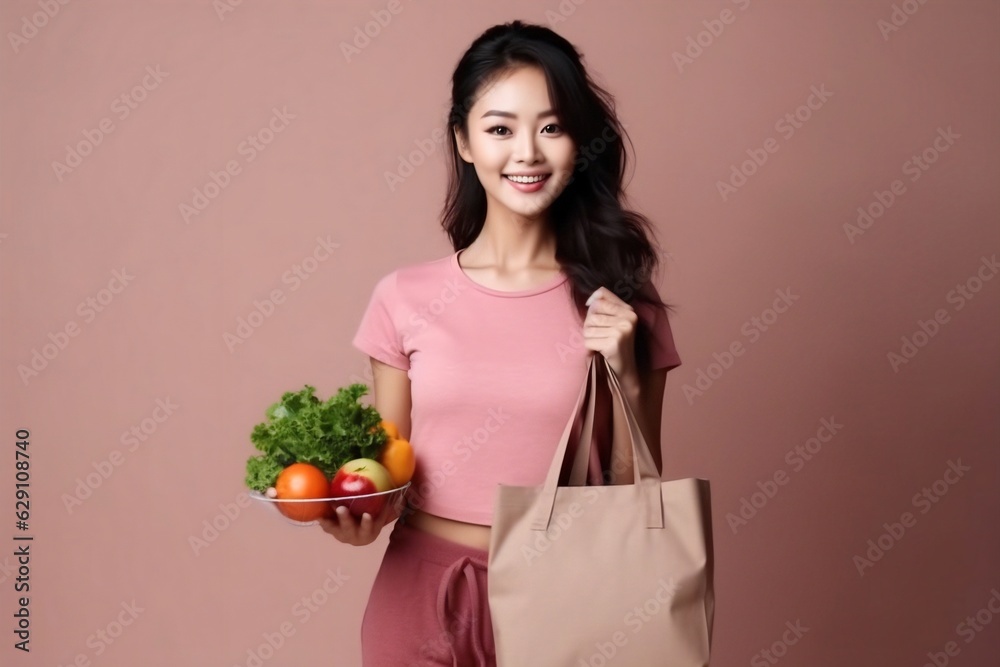 Generative AI : Happy Asian woman holding paper bag full of fresh vegetable groceries isolated on white copy space background. Generative AI : Happy Asian woman holding paper bag full of fresh vegetable groceries isolated on white copy space background.